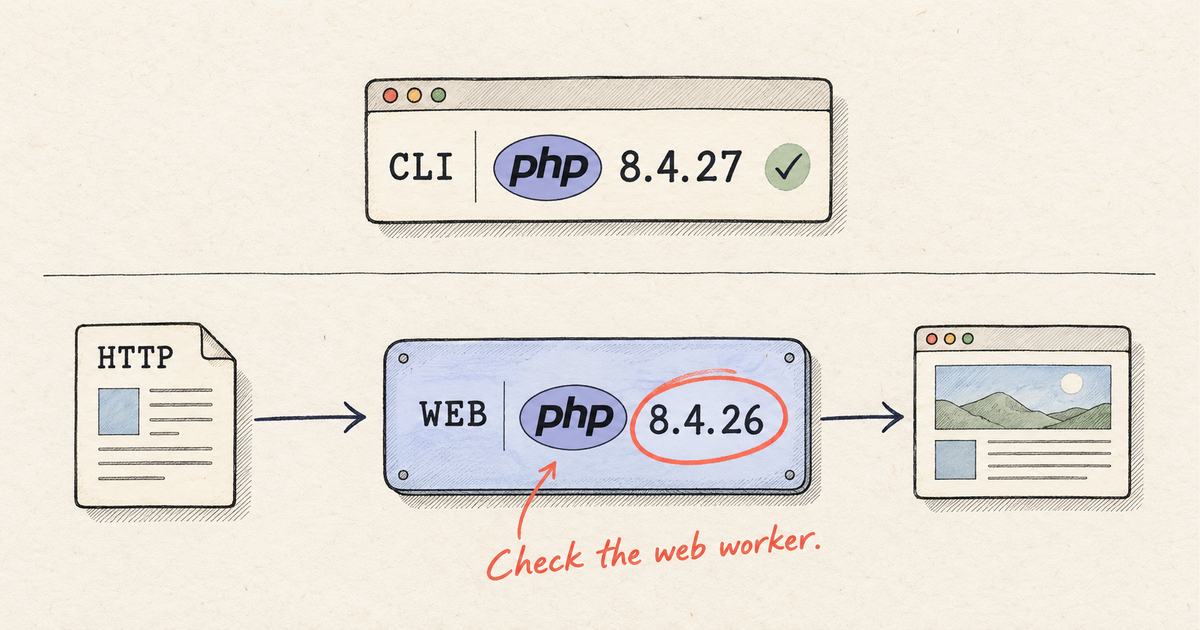 A patched PHP 8.4.27 command line sits above a separate web worker still running upstream 8.4.26, circled with the note Check the web worker.