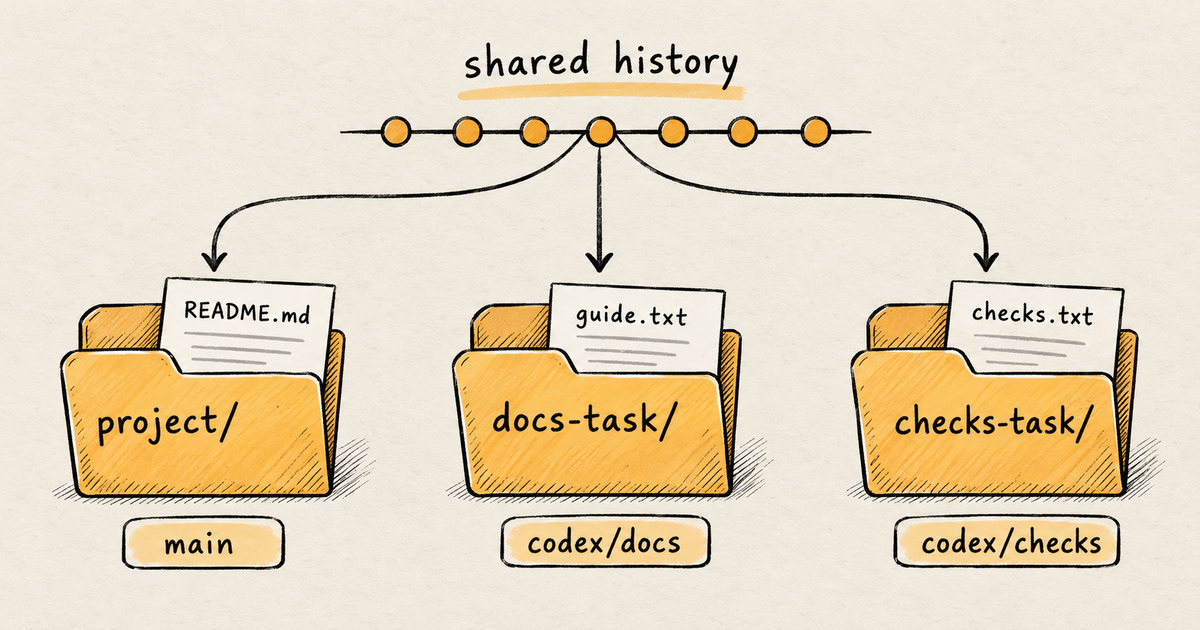 Shared Git history connects three separate folders: project on main, docs-task on codex/docs, and checks-task on codex/checks.